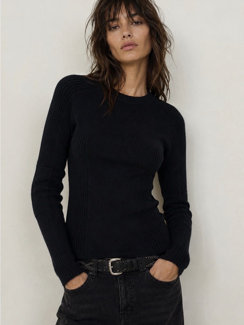 Isabel Marant Wool Blend Rib Knit Crew Neck Sweater Black Womens XS S